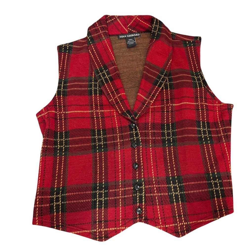 Nina Leonard Womens Red Plaid Knit Vest Shawl Collar Button Front Medium